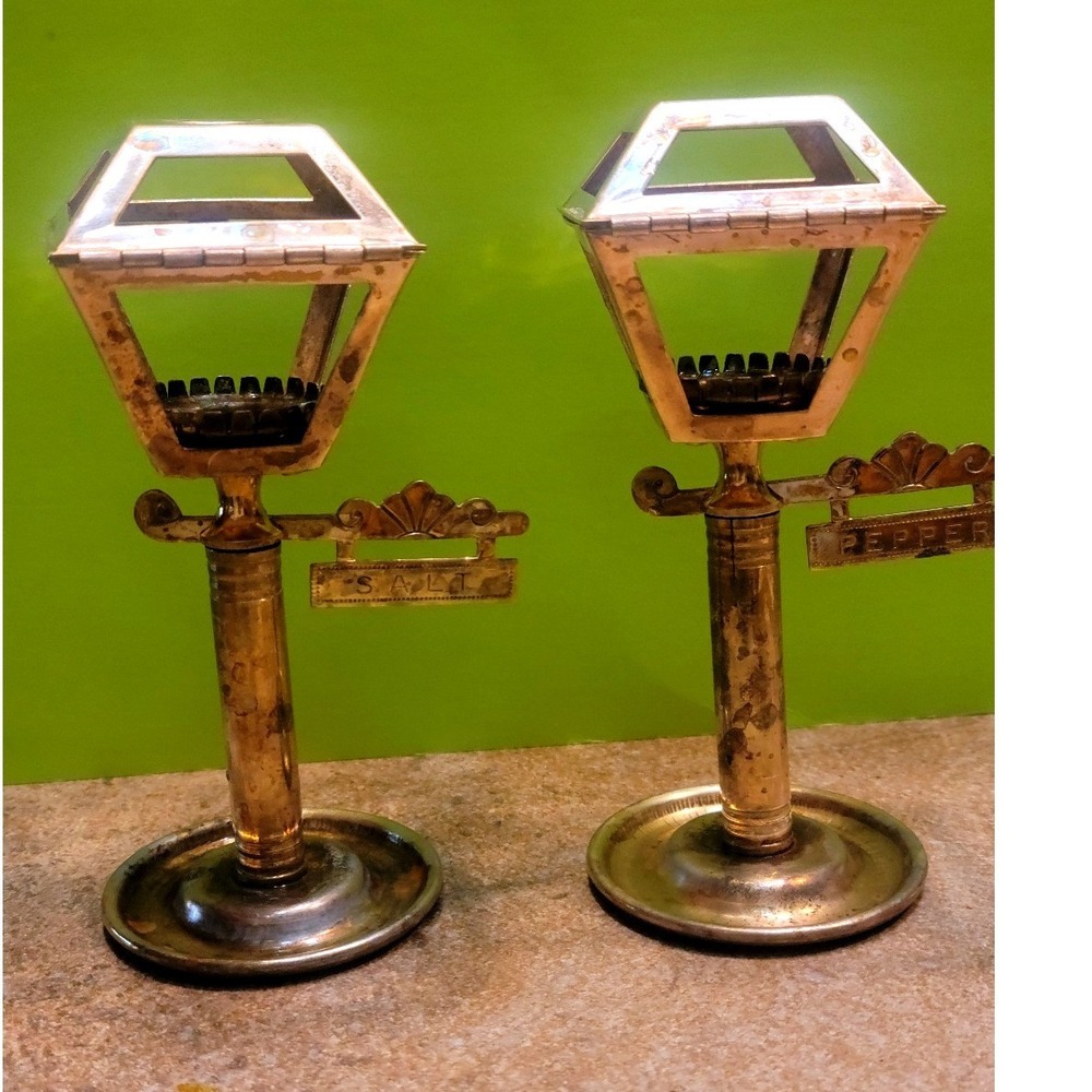 Vintage Brass Salt and Pepper Shaker Holders Victorian Street Lamp Post Set